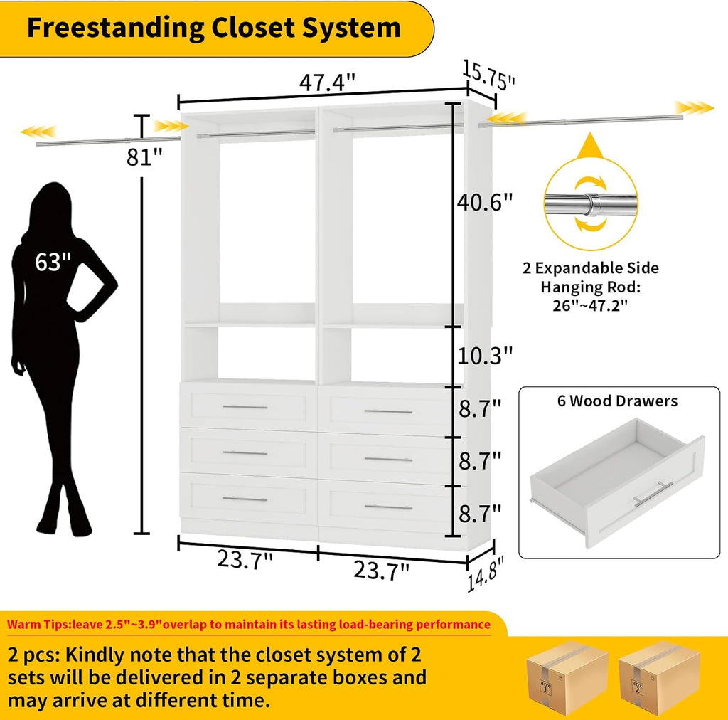 Closet System of 2 Sets with 6 Drawers, 4FT-10FT Modular Closet Organizer Systems Shelving, Wood Closet Systems for