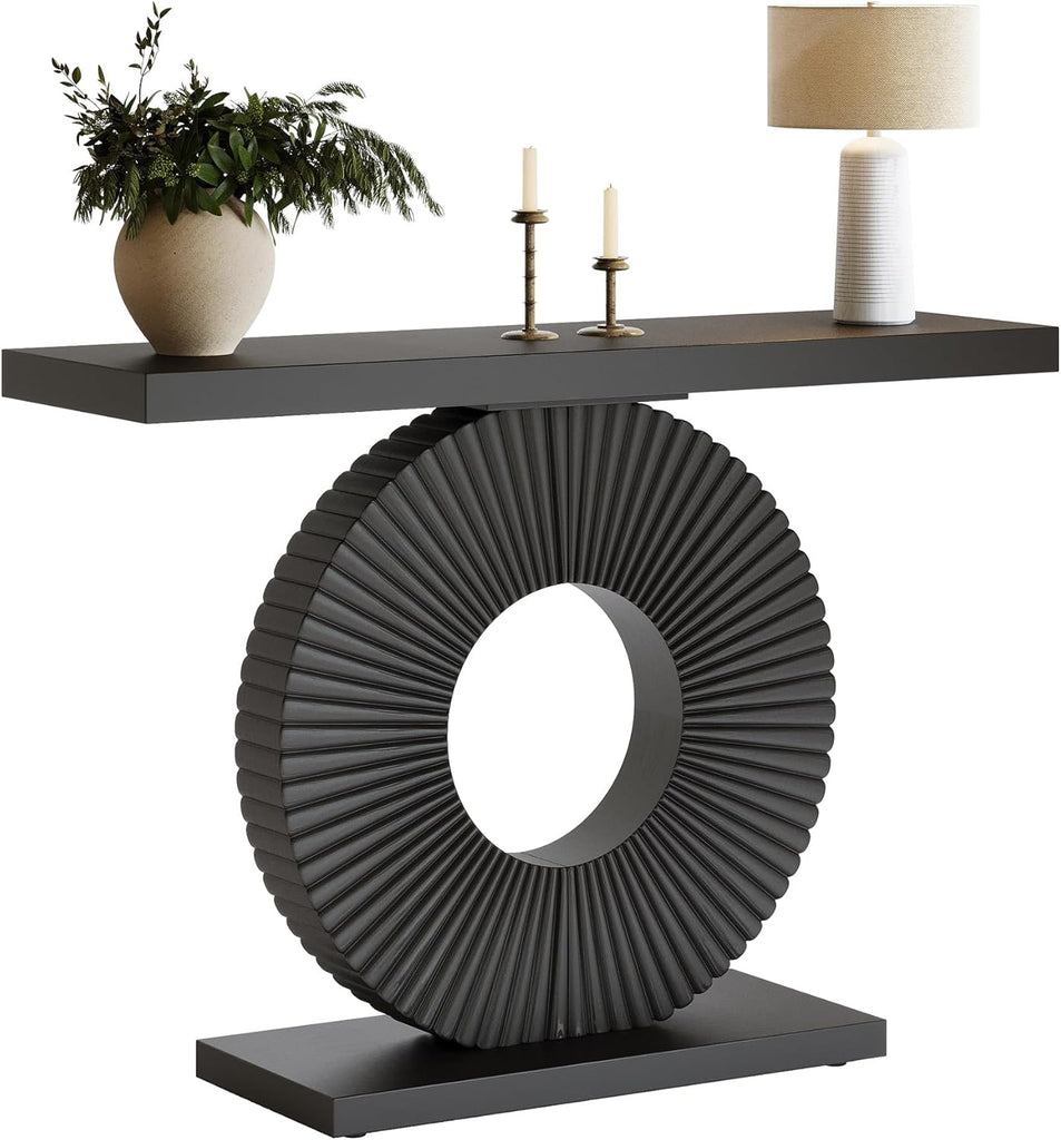 Modern Entryway Console Table, 39 inch Wooden Narrow Sofa Table Behind Couch with Geometric Base, Contemporary Accent