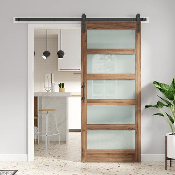 36 x 84 inch Glass Barn Door with 6.6FT Barn Door Hardware Kit & Handle Included,5-Panel Frosted Gla