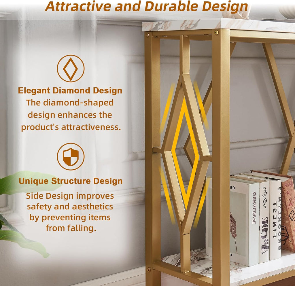 55 Inch Modern Entryway Console Table, White & Gold Faux Marble Top Engineered Wood Sofa Table with 2-Tier Open