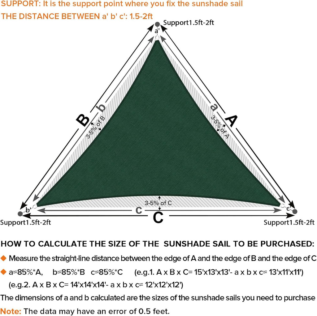 Sun Shade Sail 6' X 8' X 10' Dark Green Triangle Canopy Awning Fabric Mesh 95% UV Blockage, Water & Air Permeable