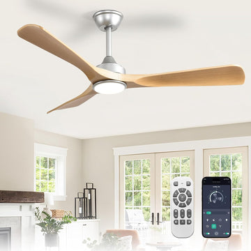 52-Inch Ceiling Fan with Light: Wood 3 Blade Outdoor Fans for Patios - Dimmable Indoor Fan with Remote APP Control Ultra Quiet DC Motor Reversible 6 Speed Timer