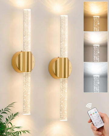 Peel and Stick on Gold Battery Operated Wall Sconces Set of 2, Rechargeable Magnetic Linear Wall Lights for Bedroom