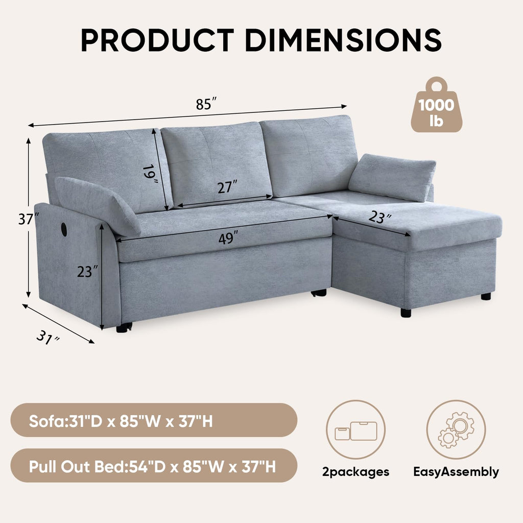 85" L Shaped Sectional Sofa Couch, Pull Out Couch Sleeper Sofa Bed, Soft Chenille Deep Seat Sofa, Reversible Chaise