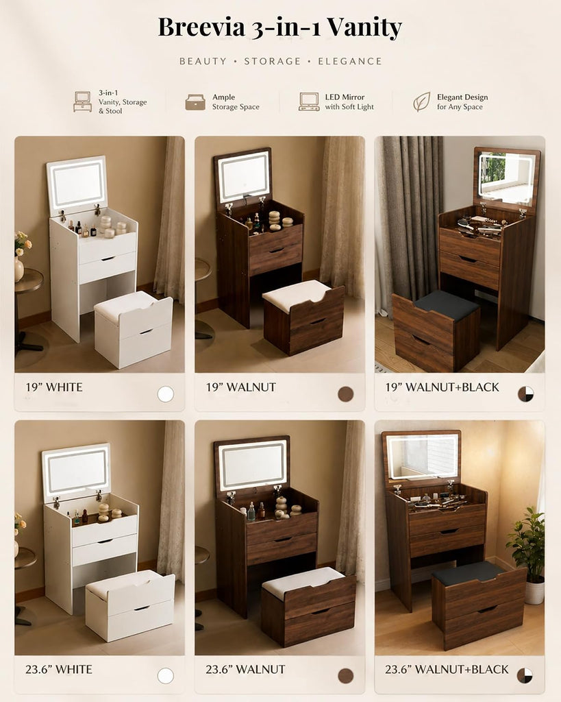 Small Vanity with Mirror and Lights for Small Space, 3-in-1 Compact Makeup Vanity Desk with Storage, Flip Top Vanity
