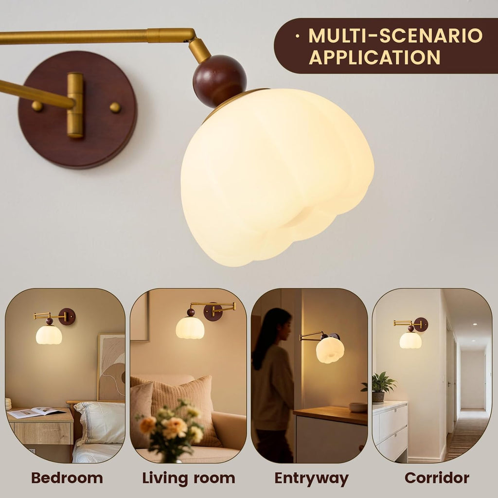 Swing Arm Wall Lamp, Mid Century Modern Adjustable Wall Sconce with Gold Metal Swing and Cream Dome Shade, Retro