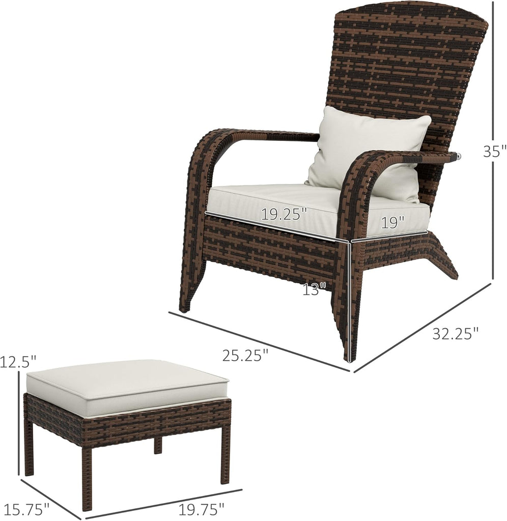 Patio Wicker Adirondack Chair with Ottoman High-Back Cream White | Outdoor Fire Pit Chair, Cushions, Large Seat &