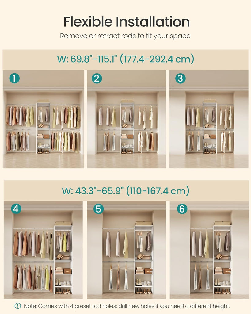 Closet System, Customizable Walk-In Closet Organizer System with Adjustable Hanging Rods and Storage Shelves, White