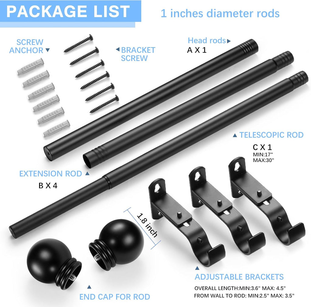 Curtain Rods for Windows 16 to 92 Inches, Curtain Rod Max Adjustable Length of 104 IN, 1" Diameter Drapery Rods Round