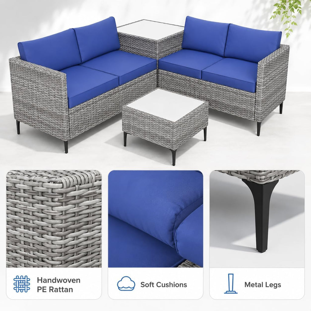 All-Weather PE Rattan Patio Furniture Set, 4 Piece Outdoor Sectional Sofa Couch with Storage Coffee Table, l-Shaped