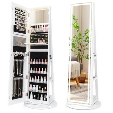 360° Swivel Jewelry Cabinet Armoire with Full Length Mirror, Standing Jewelry Storage Organizer with Rear Storage