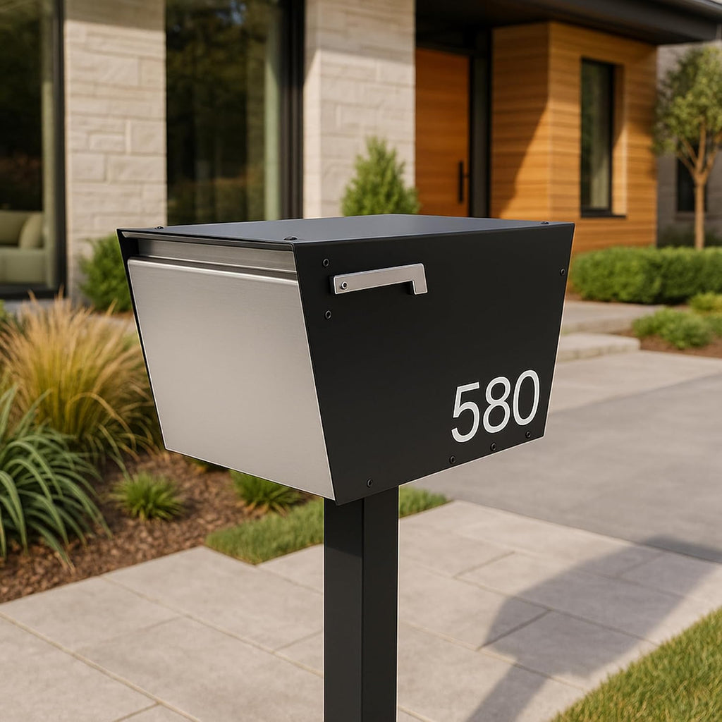 Walter Post Mount Mailbox, Modern Curbside Stainless Steel, Large Locking, Black