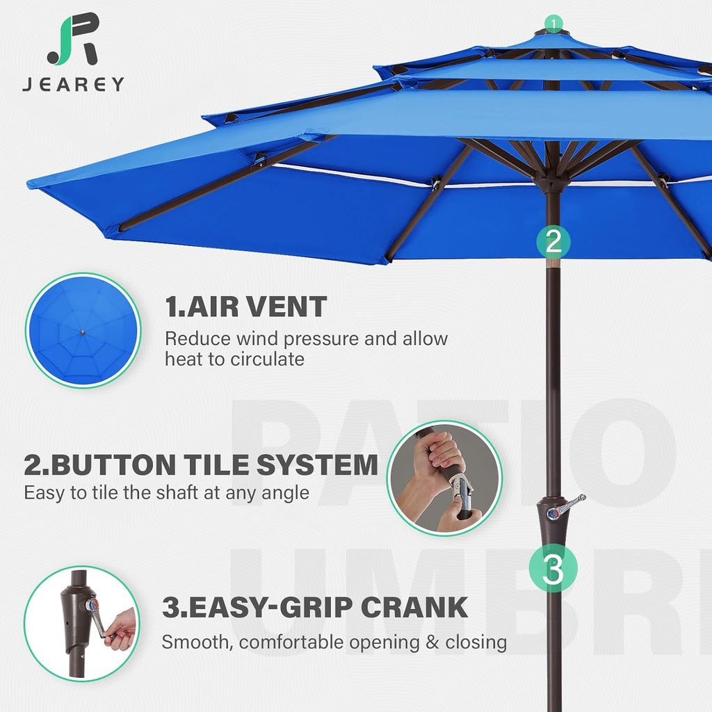 9FT 3 Tier Patio Umbrella Outdoor Market Umbrella Table Umbrellas with 8 Ribs 1.5 Pole Push Button Tilt and Crank UV - R