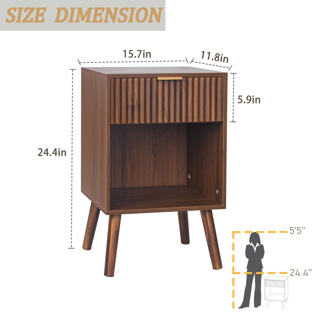 Walnut Nightstand, Fluted Bedside Table with Drawer and Open Shelf