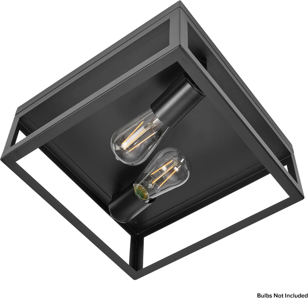 Indoor/Outdoor Flush Mount Ceiling Light, 2-Light Square, Black | Farmhouse Style, Close to Ceiling, Entryway Light