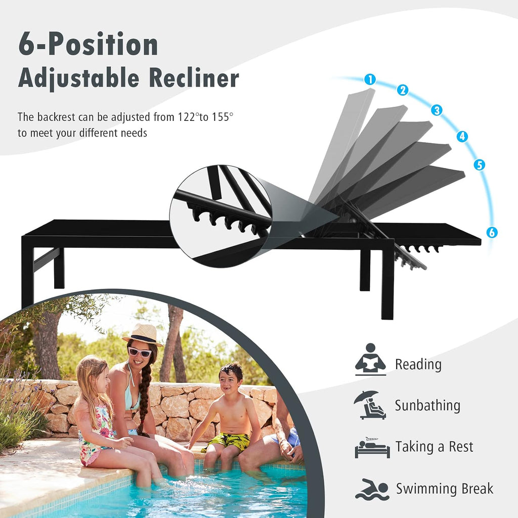 Lounge Chair Outdoor, Aluminum Frame Chaise Lounge with 6-Position Adjustable, Breathable Fabric, Lightweight Patio
