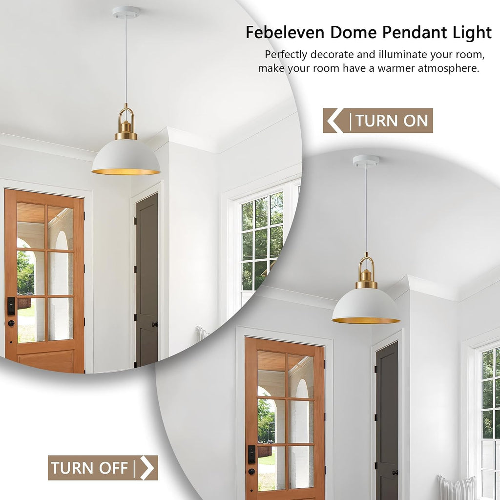 Farmhouse 11.81" White Pendant Light with Gold Finish, Industrial Metal Hanging Lighting Fixtures, Adjustable Height