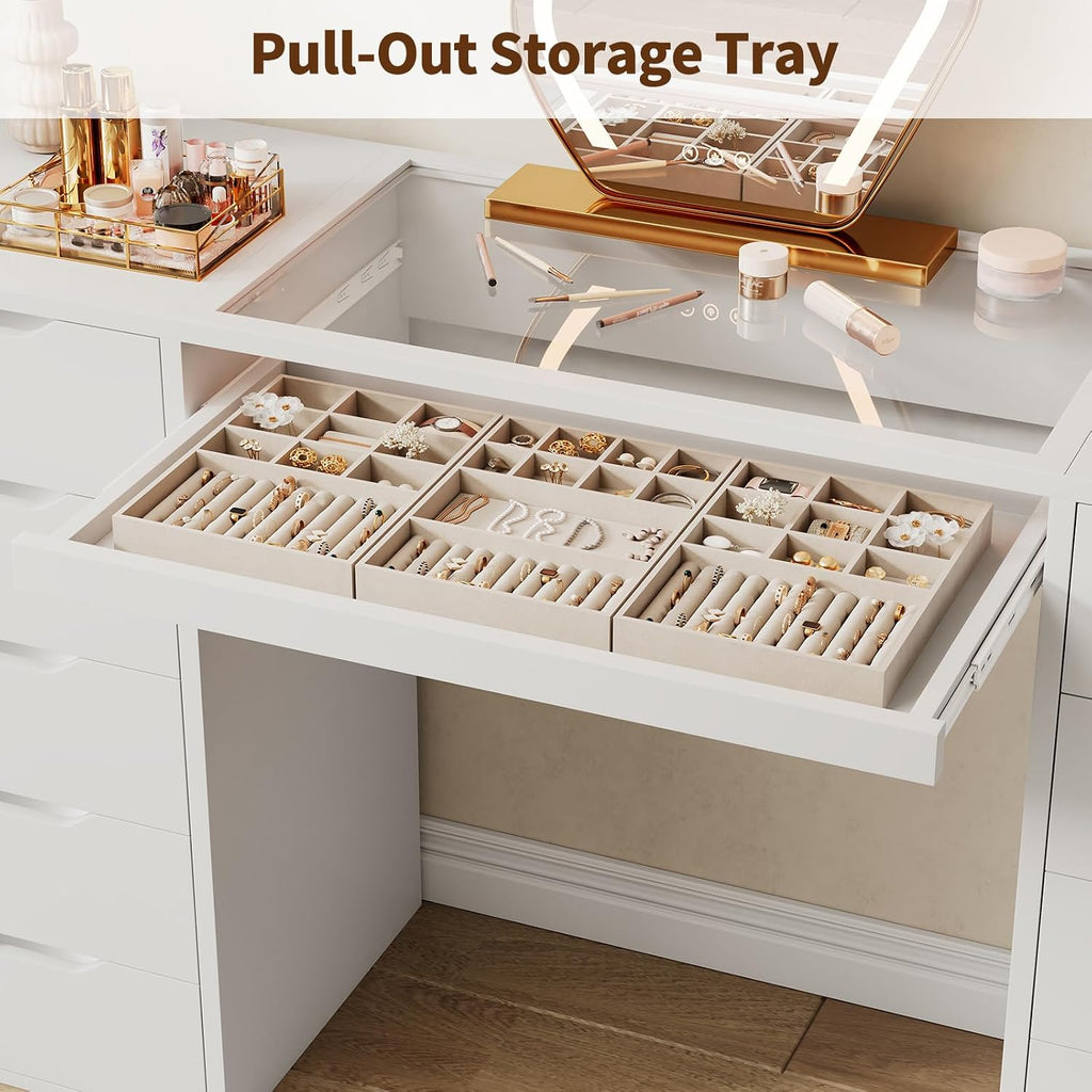 55" Vanity Desk Without Mirror, 10-Drawer Glass Top Makeup Vanity with Slide-Out Tray & Charging Station, Vanity Set
