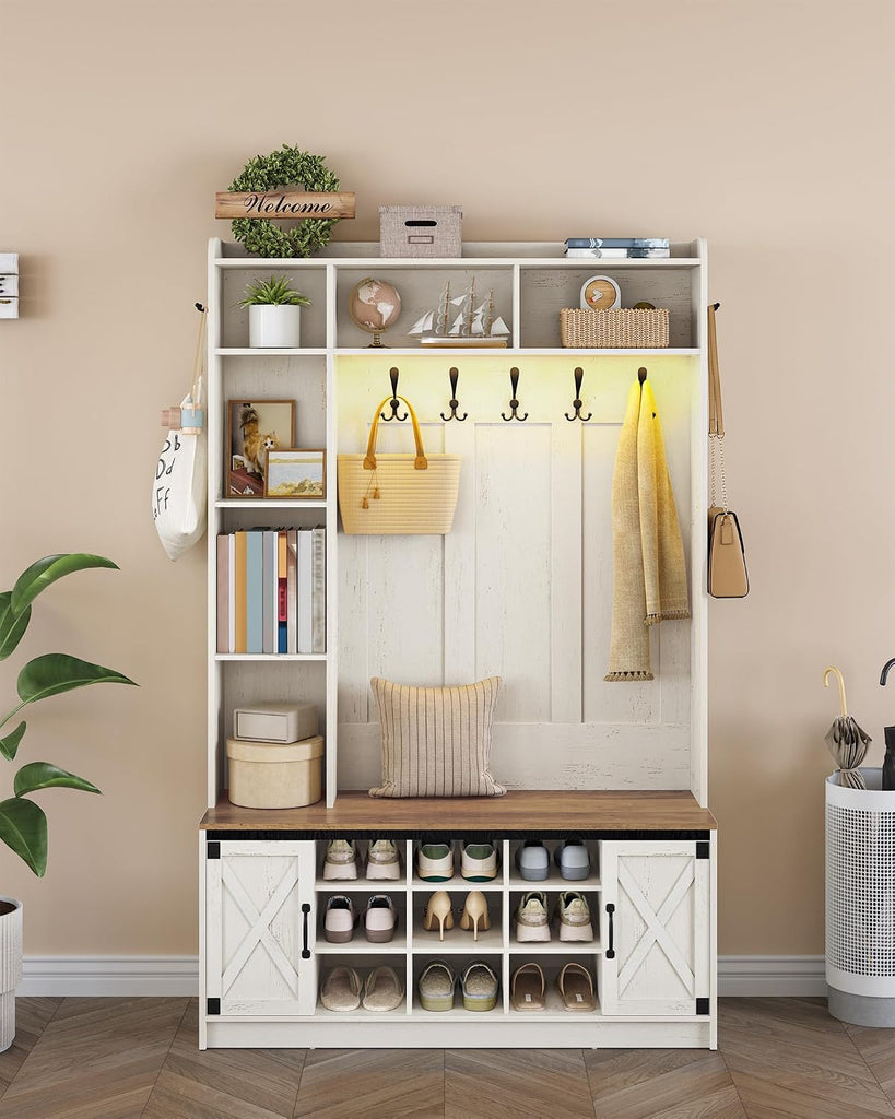 47.2" Hall Tree, LED Farmhouse Entryway Storage and Coat Rack Wood, Entryway Furniture with 7 Hooks, Hall Tree with