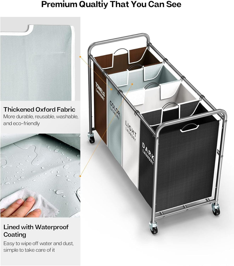 Laundry Hamper Sorter Cart, 4-Section Organizer with Lockable Wheels | Heavy-Duty 180L Rolling Laundry Basket with