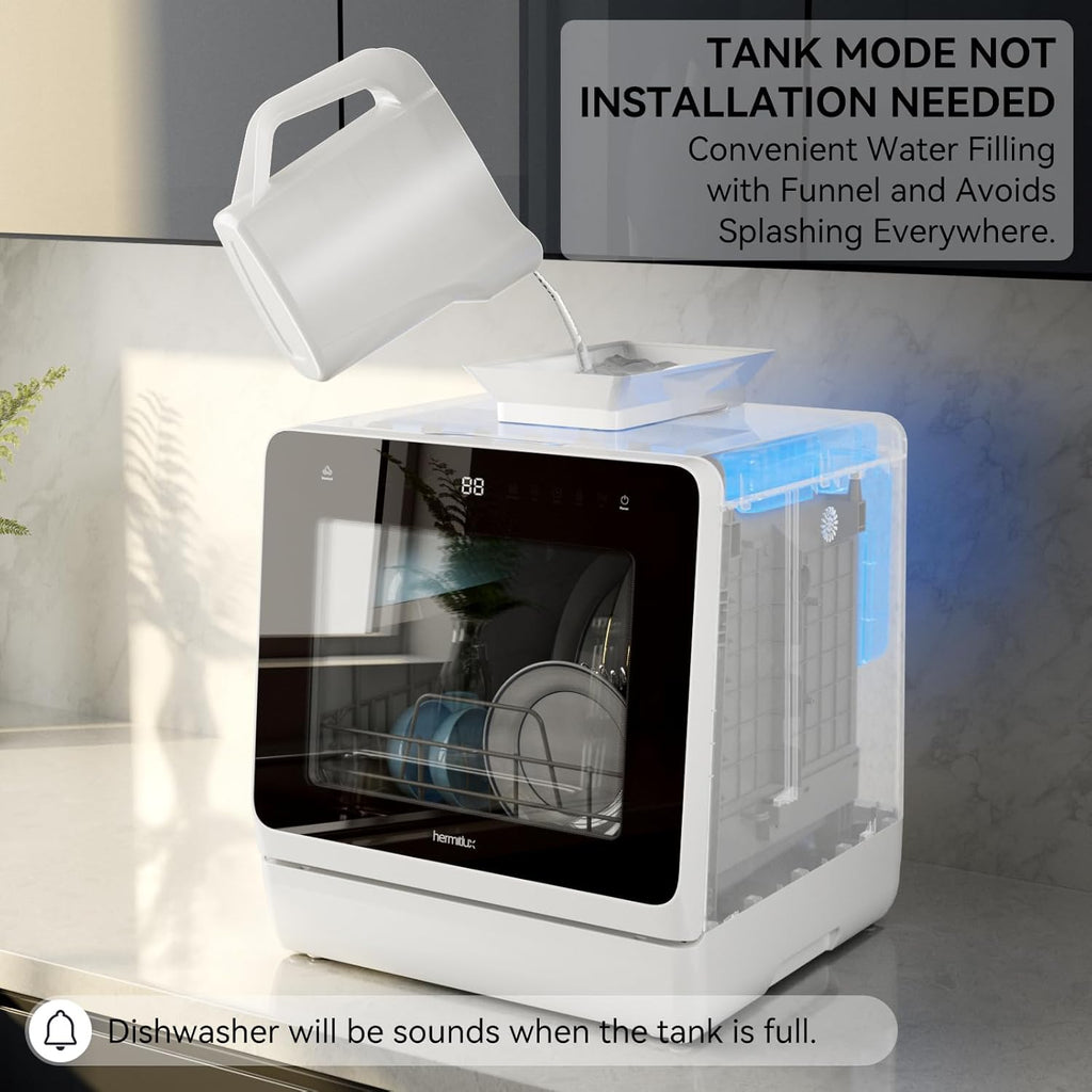 Countertop Dishwasher, 7 Washing Programs Portable Mini Dishwasher with 5-Liter Built-in Water Tank for Apartments & RVs, LED Light, Glass Door, No Hookup Needed