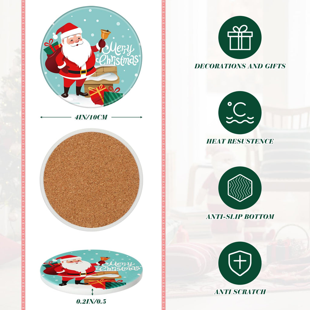 6 Pcs Santa Christmas Coasters with Holder Ceramic Absorbent