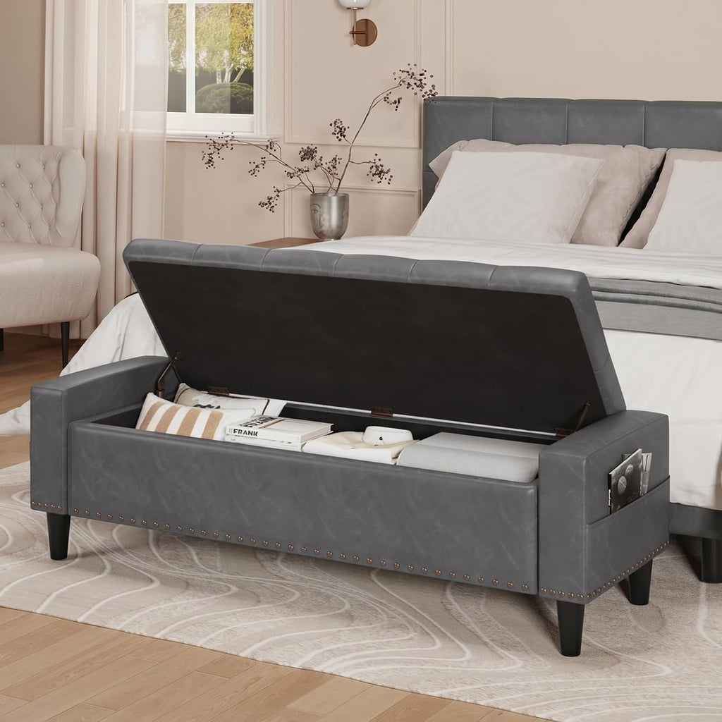 60" Storage Ottoman Bench, Faux Leather Upholstered Bed Bench, Grey