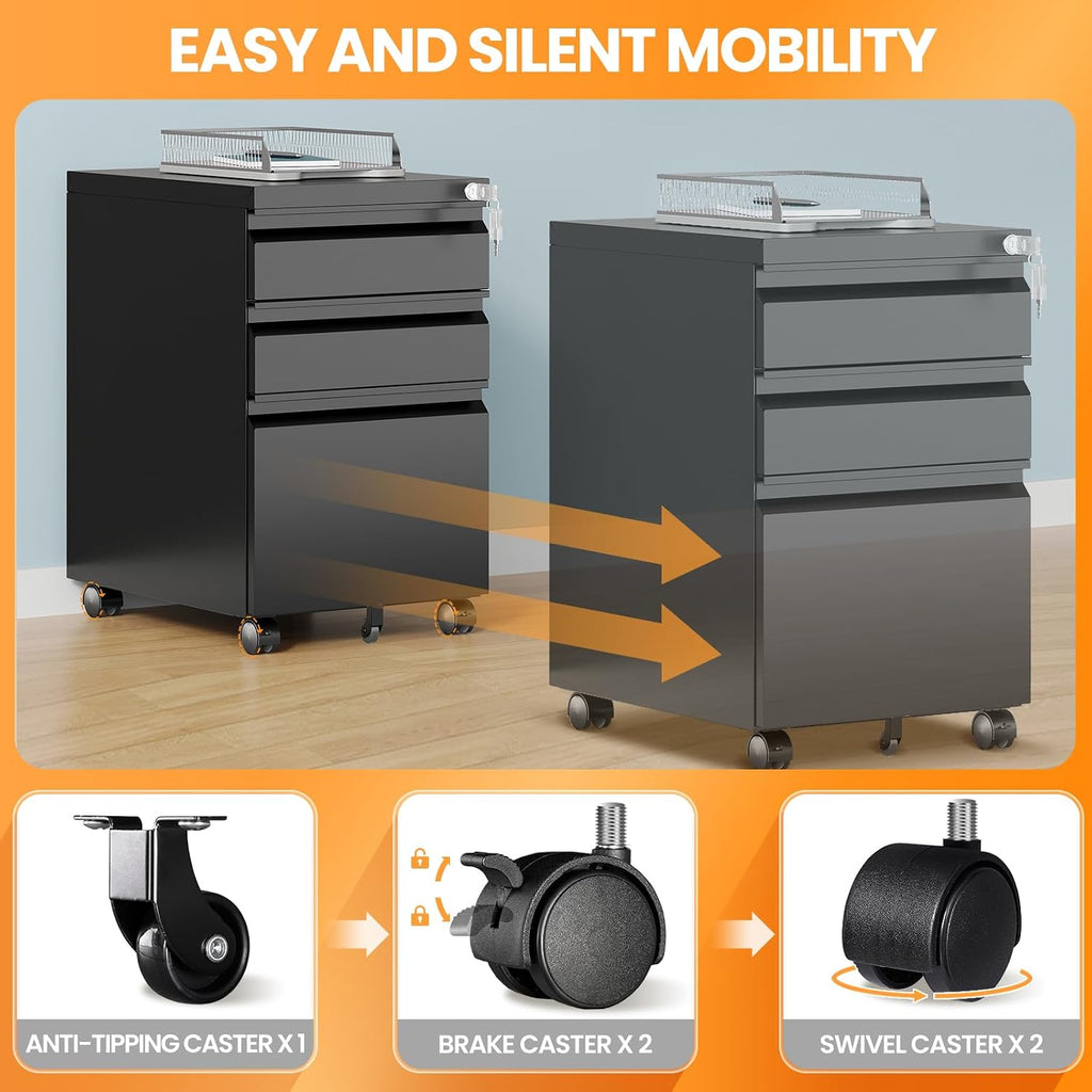 3 Drawer Mobile File Cabinet with Lock, Rolling Filing Cabinets , Under Desk Small File Cabinet Three Drawers for