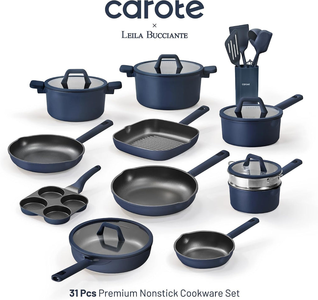 31pcs Pots and Pans Set, Nonstick Cookware Set | Durable, Easy Food Release, Cooking Set with Silicone Utensils, Even