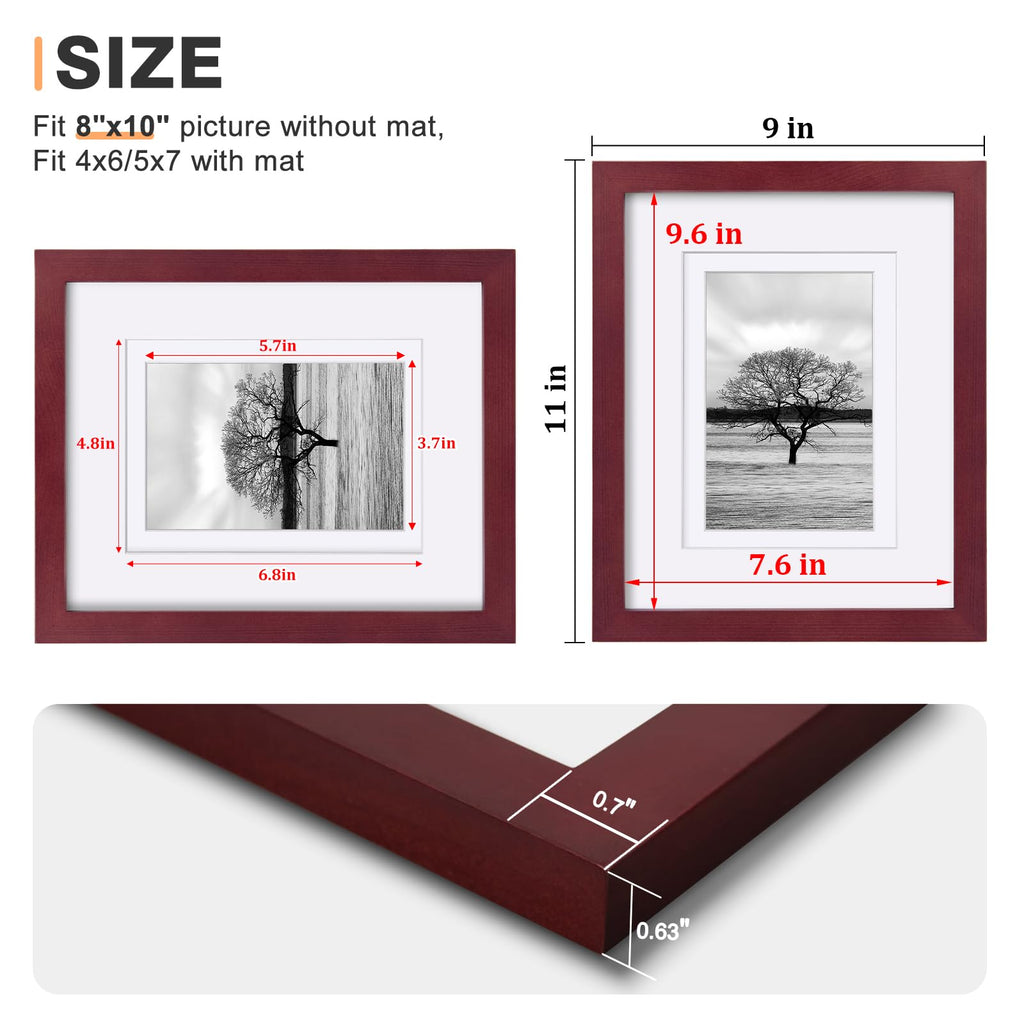 8x10 Picture Frames 4 Pack - Wood Frames Covered by Plexiglass for Pictures 4x6 or 5x7 with Mat or 8x10 Without Mat