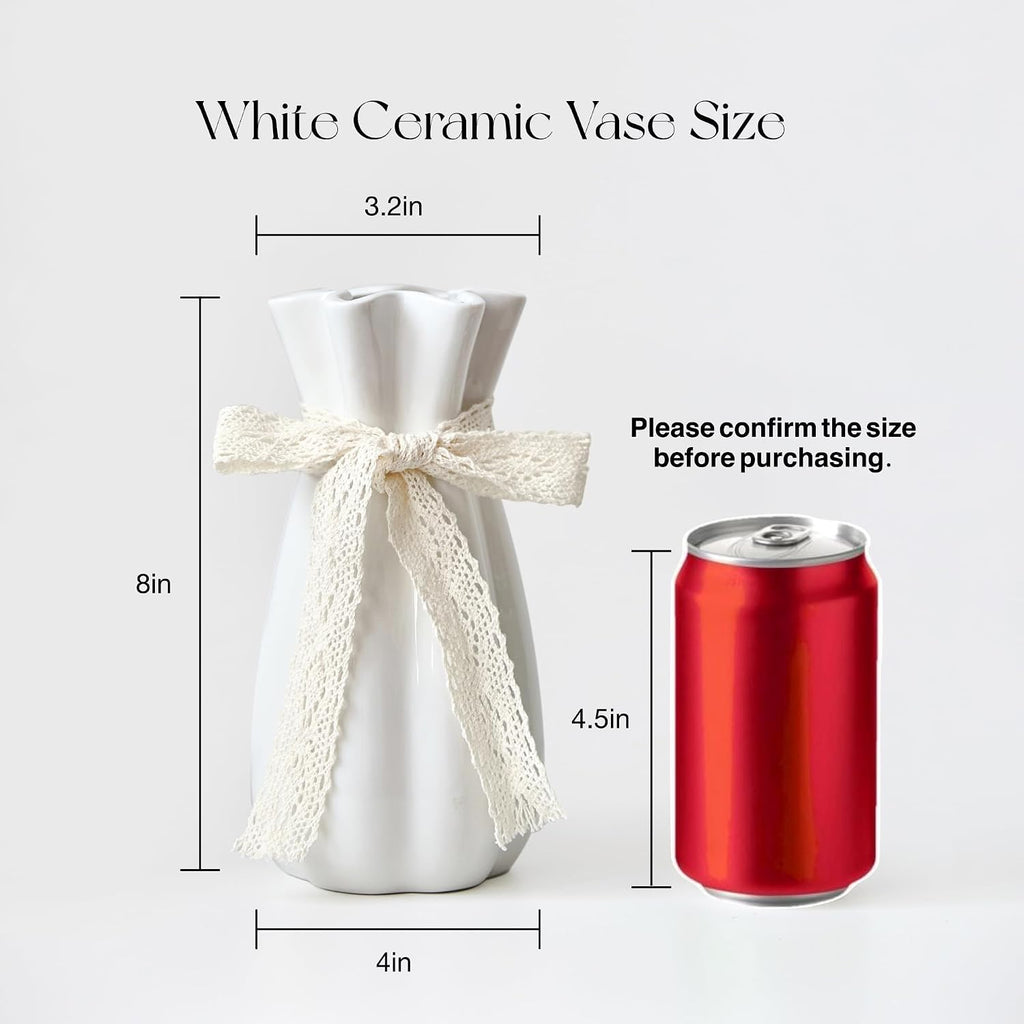 White Ceramic Flower Vase, 8'' Modern Decorative Vases Minimalism Boho Vases