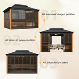 10x12 Wood Grain Sunroom Gazebo, Fully Enclosed Outdoor Sunroom with Sliding Doors