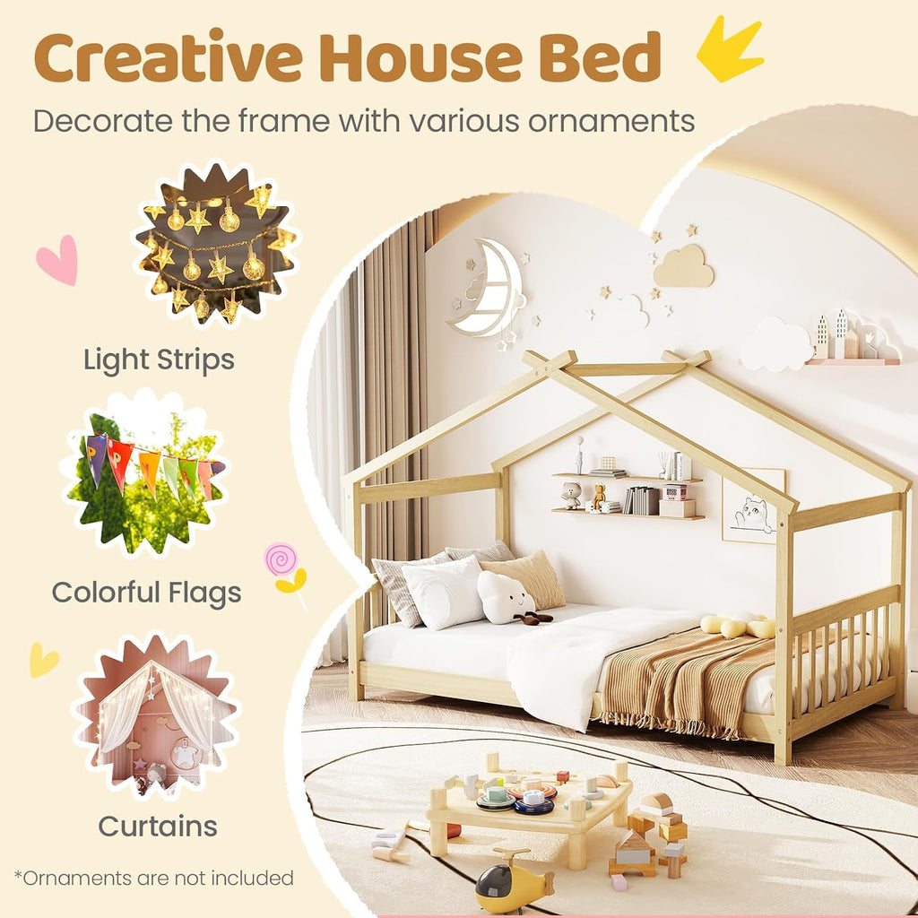Twin Floor House Bed with Headboard & Footboard, Wood Floor Bed Frame with Roof for Boys & Girls, No Box Spring