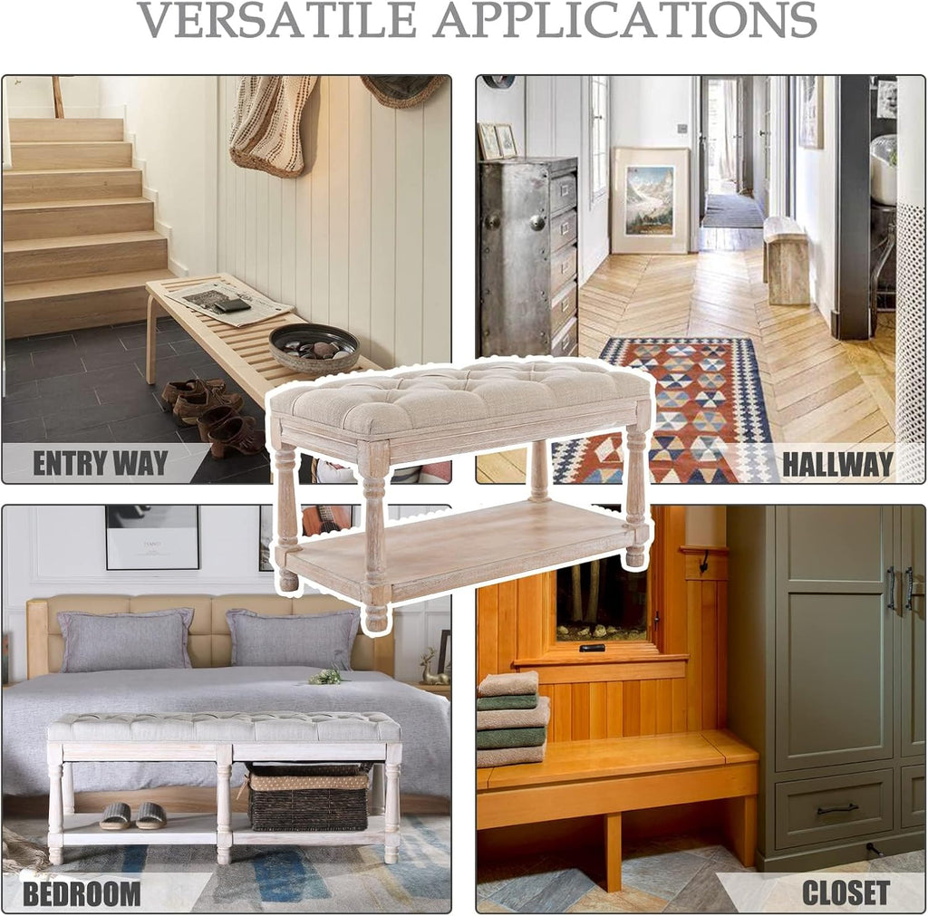 Storage Entryway Bench Tufted Shoe Rack Bench Wood Window Bench Entrance Bedroom Corner-1 Seat, Beige