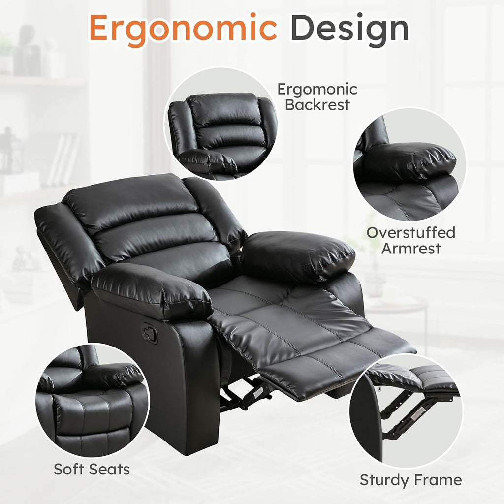 Traditional Recliner Chair, Breathable PU Leather, Extra Wide Manual Recliner with Overstuffed Arm and Back, Single