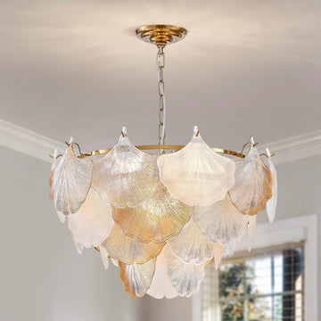 Modern Chandeliers for Dining Room, Pendant Light Fixture for Living Room, Ripple White & Champagne Ginkgo Leaf Glass Shades, Gold Finish Metal Frame Glass Shades