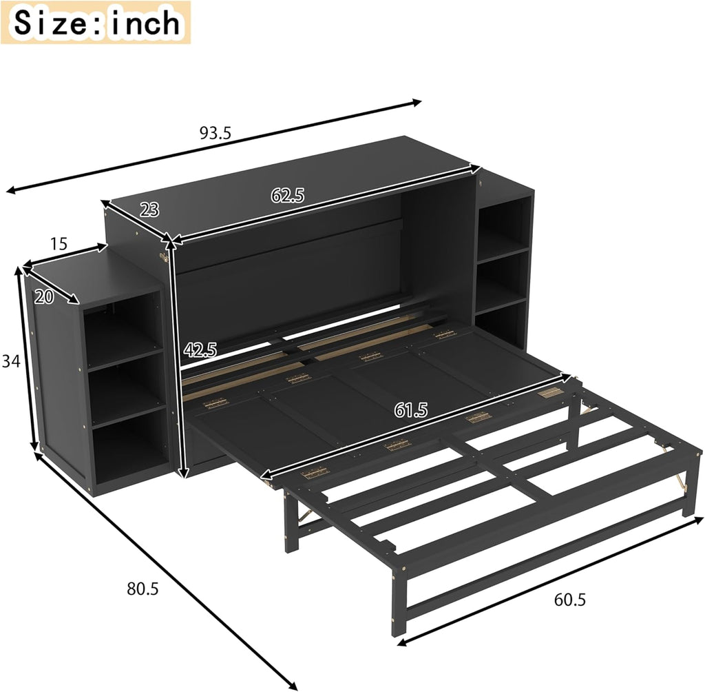 Queen Murphy Bed, Cabinet Bed with 2 Shelves and Storage Drawers, Farmhouse Murphy Cabinet, Noisy Free, for Guest