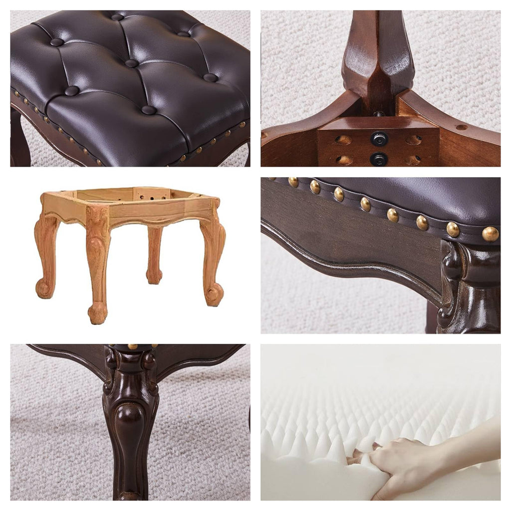 Foot Stools Ottoman, Leather Footstool, Solid Wooden Small Vintage Ottoman Foot Rest, Shoe Change Bench (Black Brown)