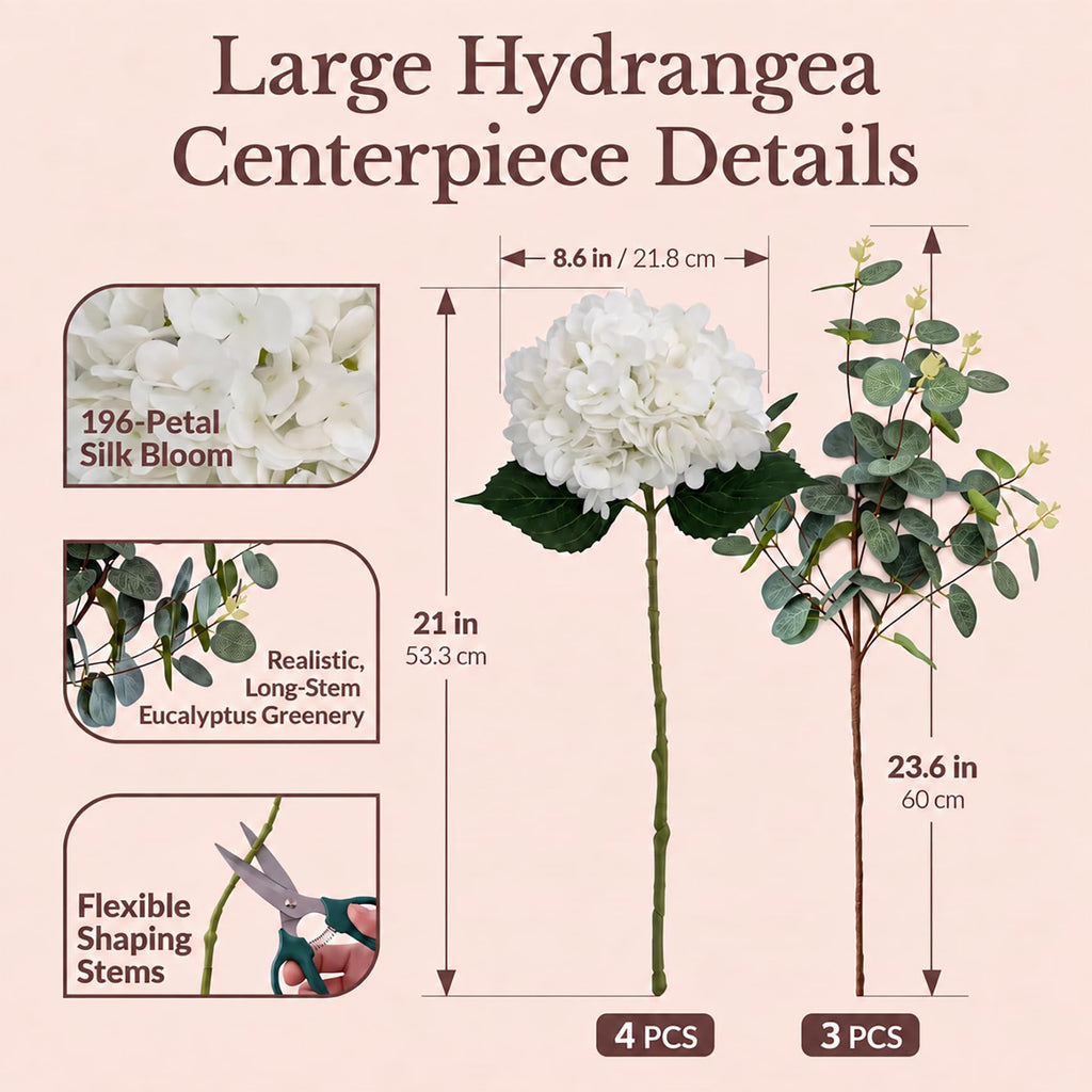 196-Petal Artificial Hydrangea Flowers & 9-Branch Eucalyptus Arrangement