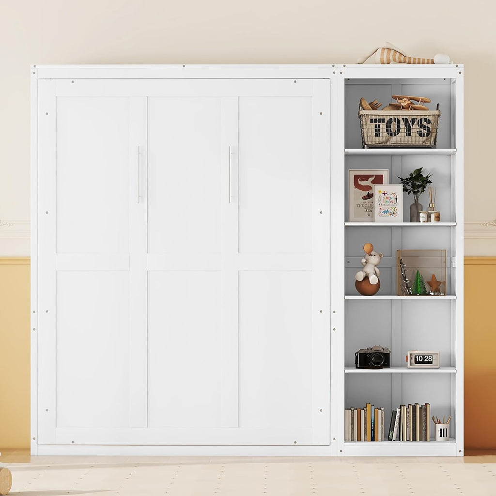 Murphy Bed with Shelves, Versatile Wall Bed, Foldable Murphy Cabinet, Full, White