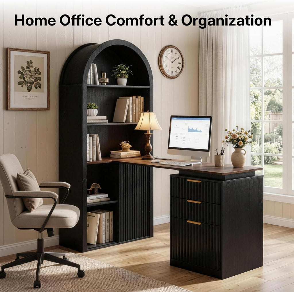 61 Inch L-Shaped Desk with Arched Hutch, Power Outlets, 3 Drawers, File Cabinet & Sliding Door Storage - Black