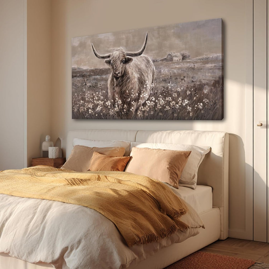 Beige and Brown Highland Cow Canvas Wall Art - 24x48 Inch Framed Large Painting for Rustic Farmhouse Living Room