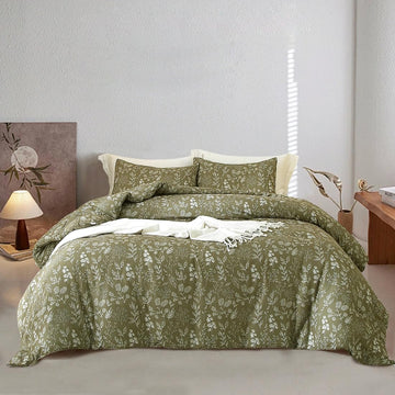 Fresh Garden Green Floral Duvet Cover King Soft Cotton Chic Shabby Small Cute Floral Botanical Bedding Set with 2