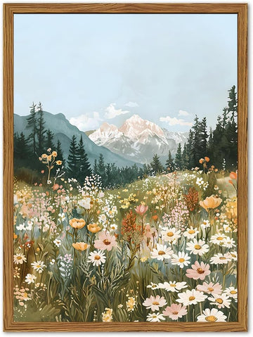 Framed Boho Landscape Wall Art, Colorful Floral Mountain Pictures Wall Decor, Vintage Wildflower Nature Paintings