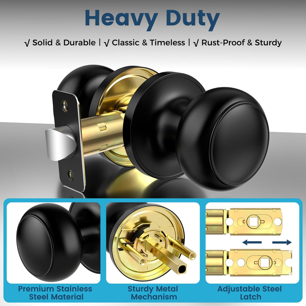 Passage Door Knobs, 6 Pack Matte Black Door Knobs, Hallway Closet Non-Locking Interior Doorknobs, Round Door Handles