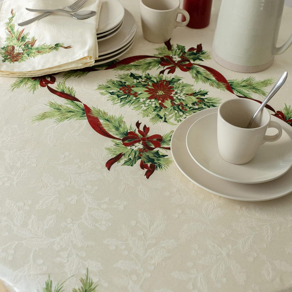 Christmas Ribbons Engineered Printed Fabric Table Cloth, Winter, Holiday and Christmas Tablecloth (7