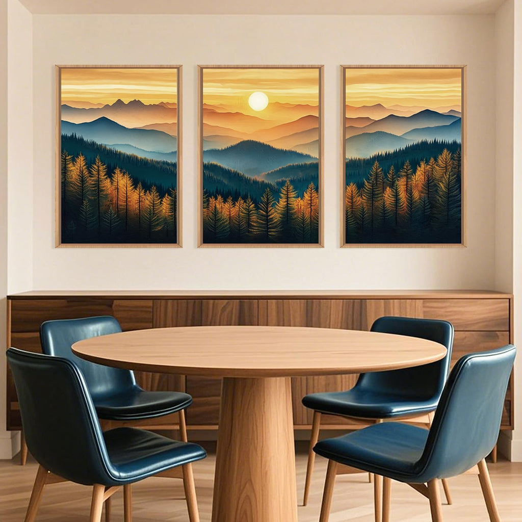 Large Boho Sunrise Mountain Framed Canvas Wall Art,Abstract Nature Forest Wall Decor,Foggy Pine Tree Painting,Retro
