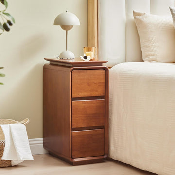 Solid Wood Nightstand, Fully Assembled Narrow Bedside Table with 3 Drawers & Hidden Handles, Mid-Century Modern End