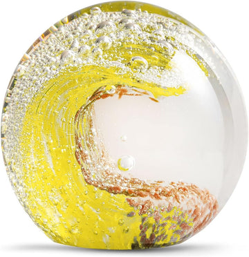 Hand-Blown Glass Ocean Wave Paperweight, 3.15" Solid Art Sculpture, Vibrant Yellow & Gold Nautical Desk Decor