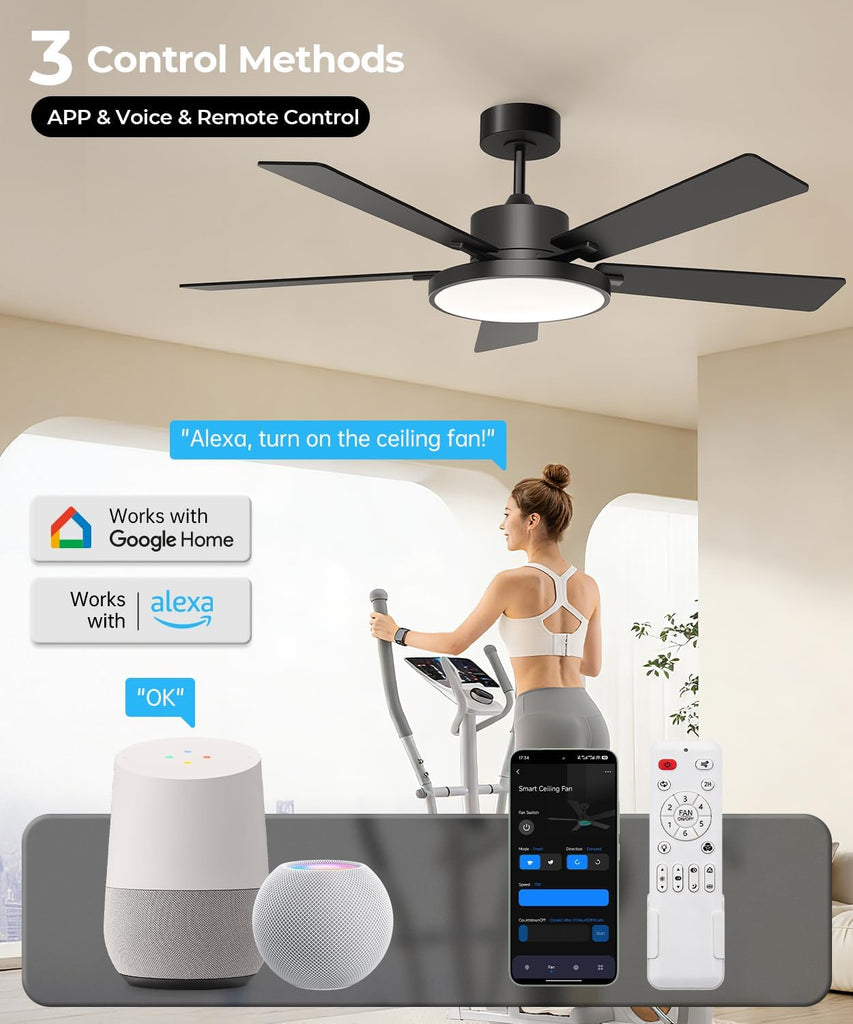 Ceiling Fan with Light,RGBCW Smart 52" Low Profile Ceiling Fan with Light and Remote,Alexa/Google/App Control